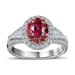 Ouro Fino Rubellite and Moissanite 1.35 ctw Cocktail Ring in Platinum Over Sterling Silver (Size 7.0)