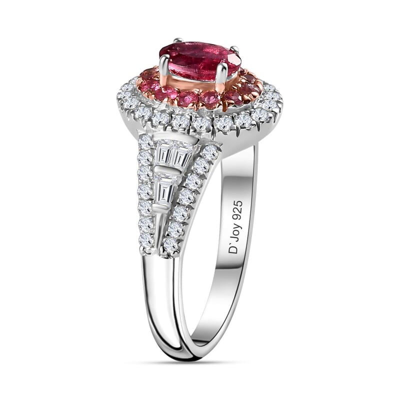 D'Joy Ouro Fino Rubellite and Moissanite 1.35 ctw Cocktail Ring in Platinum Over Sterling Silver (Size 9.0)