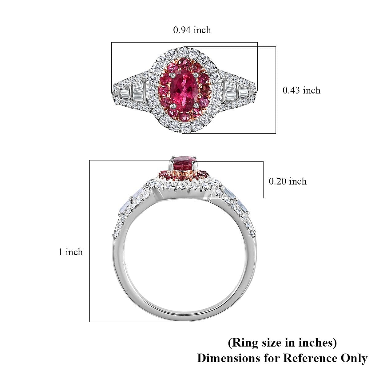D'Joy Ouro Fino Rubellite and Moissanite 1.35 ctw Cocktail Ring in Platinum Over Sterling Silver (Size 9.0)