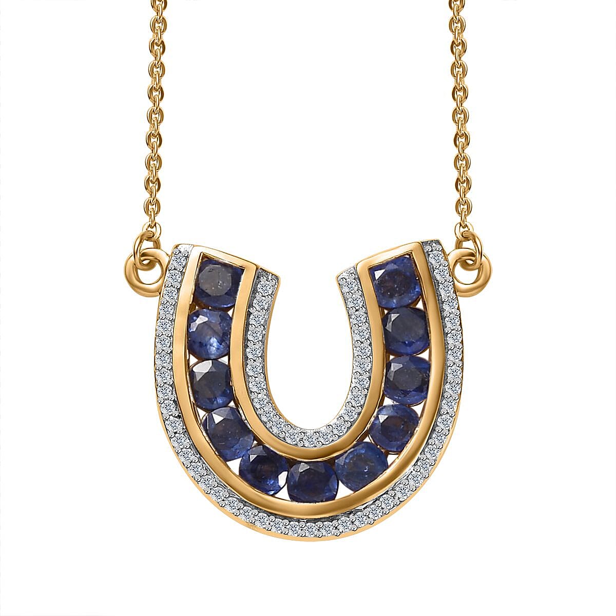 Masoala Sapphire (D) and White Zircon Horseshoe Necklace 18-20 Inches in Vermeil Yellow Gold Over Sterling Silver 2.40 ctw image number 0