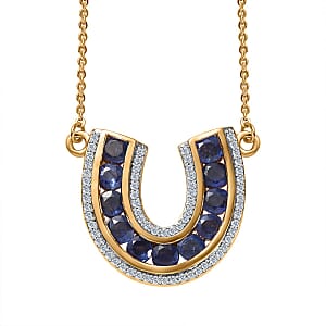 Masoala Sapphire (D) and White Zircon Horseshoe Necklace 18-20 Inches in Vermeil Yellow Gold Over Sterling Silver 2.40 ctw