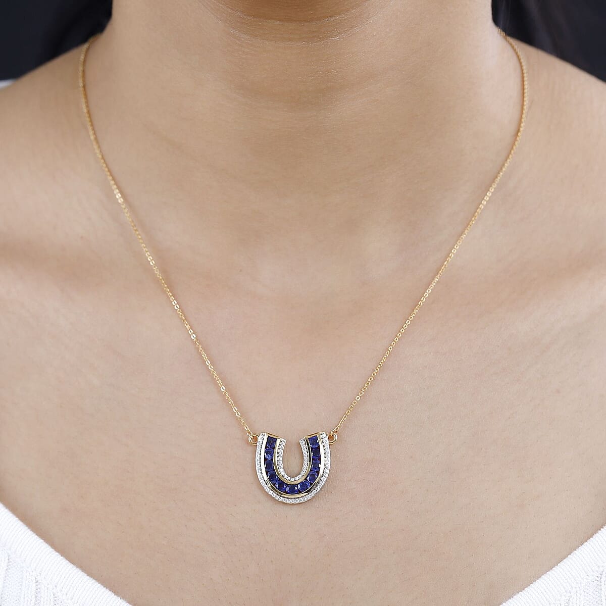 Masoala Sapphire (D) and White Zircon Horseshoe Necklace 18-20 Inches in Vermeil Yellow Gold Over Sterling Silver 2.40 ctw image number 2