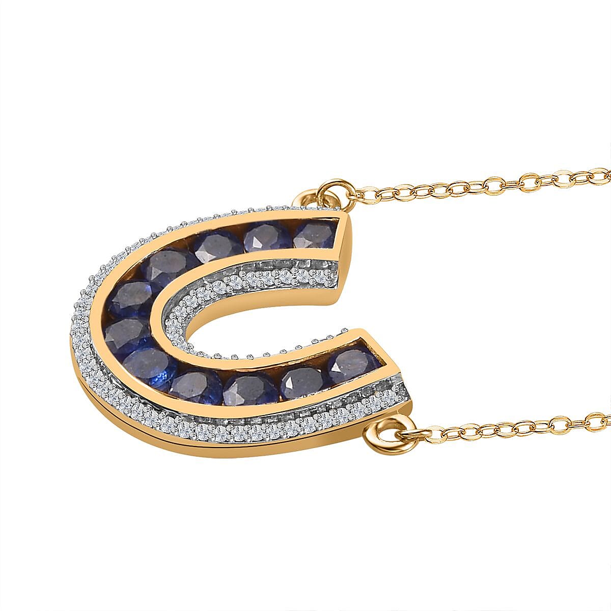 Masoala Sapphire (D) and White Zircon Horseshoe Necklace 18-20 Inches in Vermeil Yellow Gold Over Sterling Silver 2.40 ctw image number 3