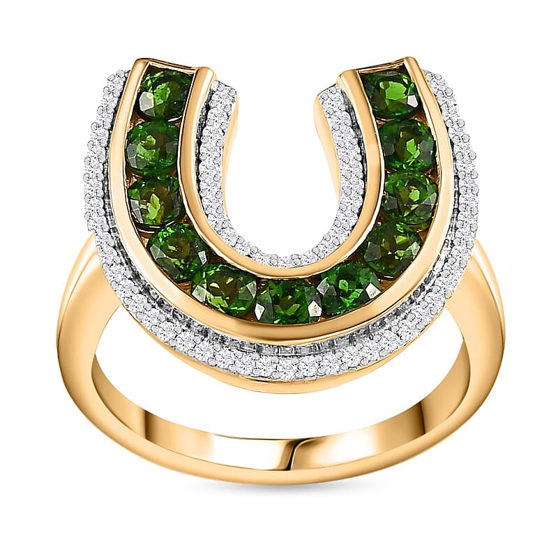 Chrome Diopside and White Zircon Horseshoe Ring in Vermeil Yellow Gold Over Sterling Silver (Size 10.0) 1.75 ctw