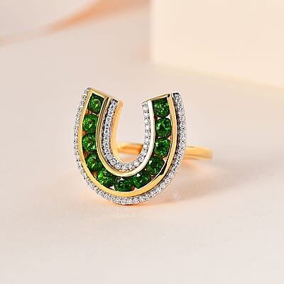 Chrome Diopside and White Zircon Horseshoe Ring in Vermeil Yellow Gold Over Sterling Silver (Size 10.0) 1.75 ctw