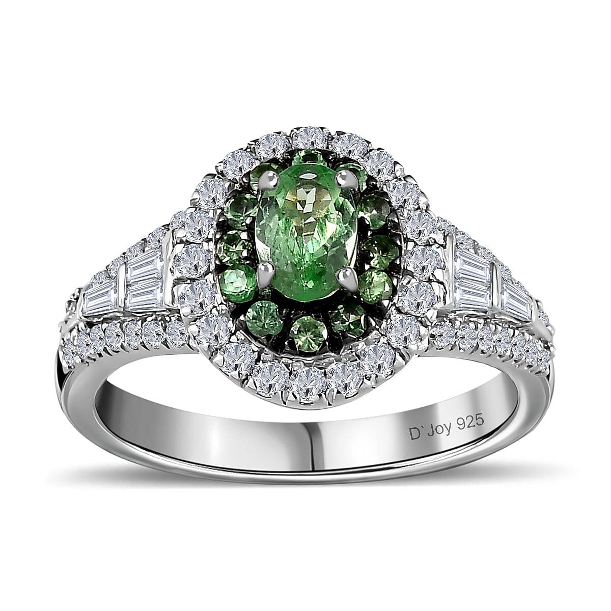 TLV Ceylon Blue Sapphire, Moissanite Halo Ring in Platinum Over Sterling Silver (Size 7.0) 1.60 ctw