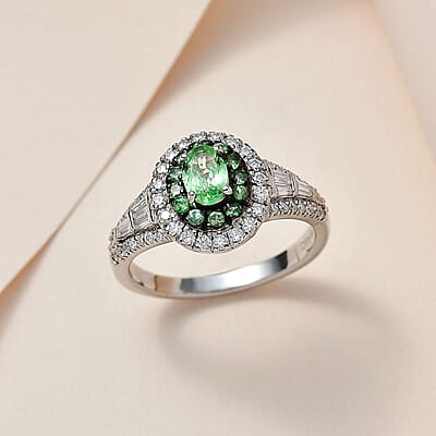 Tsavorite Garnet and Moissanite 1.40 ctw Cocktail Ring in Platinum Over Sterling Silver (Size 5.0)