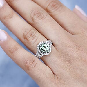 Tsavorite Garnet and Moissanite 1.40 ctw Cocktail Ring in Platinum Over Sterling Silver (Size 5.0)