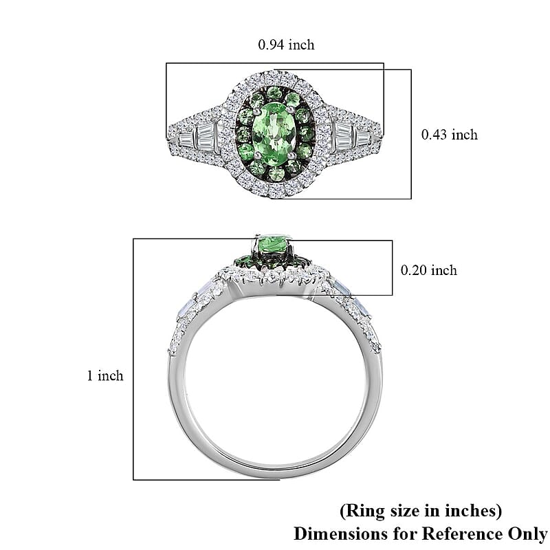 Tsavorite Garnet and Moissanite 1.40 ctw Cocktail Ring in Platinum Over Sterling Silver (Size 5.0)