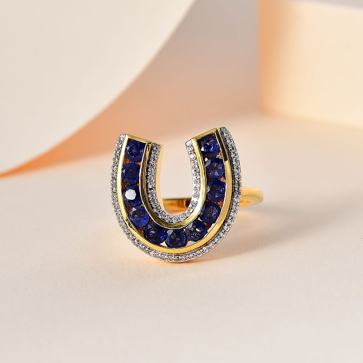 Masoala Sapphire (FF) and White Zircon Horseshoe Ring in Vermeil Yellow Gold Over Sterling Silver (Size 6.0) 2.35 ctw image number 1
