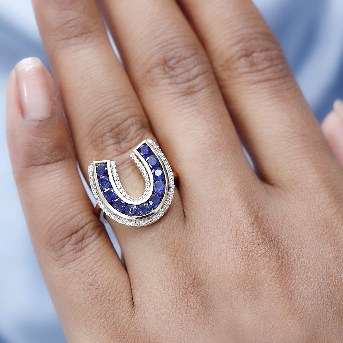 Masoala Sapphire (FF) and White Zircon Horseshoe Ring in Vermeil Yellow Gold Over Sterling Silver (Size 6.0) 2.35 ctw image number 2