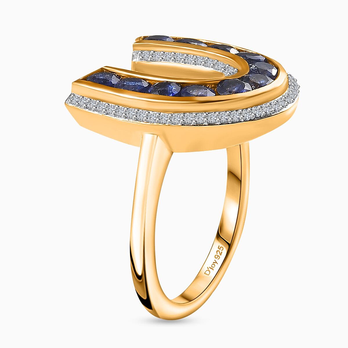 Masoala Sapphire (FF) and White Zircon Horseshoe Ring in Vermeil Yellow Gold Over Sterling Silver (Size 6.0) 2.35 ctw image number 3