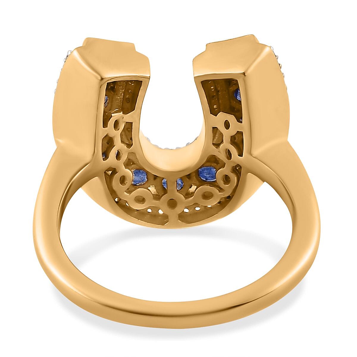 Masoala Sapphire (FF) and White Zircon Horseshoe Ring in Vermeil Yellow Gold Over Sterling Silver (Size 6.0) 2.35 ctw image number 4