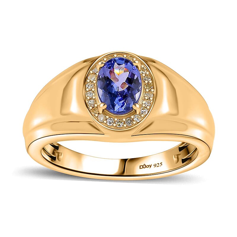 AAA Tanzanite and Natural Yellow Diamond Men's Ring in Vermeil Yellow Gold Over Sterling Silver (Size 10.0) 1.10 ctw