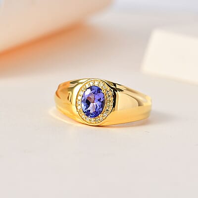 AAA Tanzanite and Natural Yellow Diamond Men's Ring in Vermeil Yellow Gold Over Sterling Silver (Size 10.0) 1.10 ctw