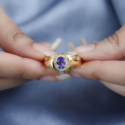 AAA Tanzanite and Natural Yellow Diamond Men's Ring in Vermeil Yellow Gold Over Sterling Silver (Size 10.0) 1.10 ctw