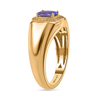 AAA Tanzanite and Natural Yellow Diamond Men's Ring in Vermeil Yellow Gold Over Sterling Silver (Size 10.0) 1.10 ctw