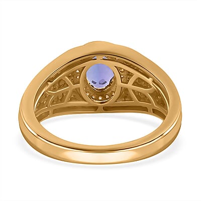 AAA Tanzanite and Natural Yellow Diamond Men's Ring in Vermeil Yellow Gold Over Sterling Silver (Size 10.0) 1.10 ctw