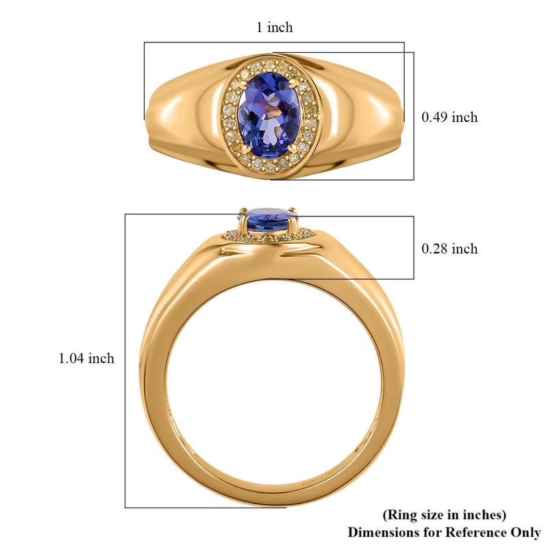 AAA Tanzanite and Natural Yellow Diamond Men's Ring in Vermeil Yellow Gold Over Sterling Silver (Size 10.0) 1.10 ctw