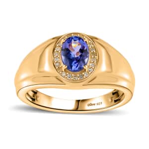 AAA Tanzanite and Natural Yellow Diamond Men's Ring in Vermeil Yellow Gold Over Sterling Silver (Size 14.0) 1.10 ctw