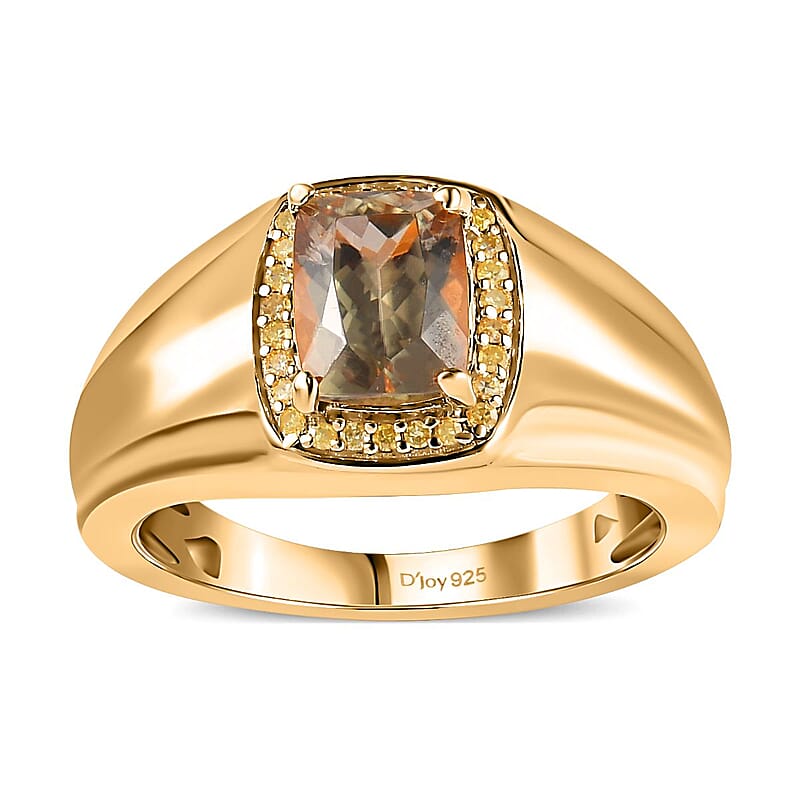 AAA Turkizite and Natural Yellow Diamond Men's Ring in Vermeil Yellow Gold Over Sterling Silver (Size 10.0) 2.00 ctw
