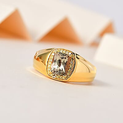 AAA Turkizite and Natural Yellow Diamond Men's Ring in Vermeil Yellow Gold Over Sterling Silver (Size 10.0) 2.00 ctw