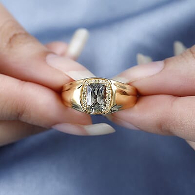 AAA Turkizite and Natural Yellow Diamond Men's Ring in Vermeil Yellow Gold Over Sterling Silver (Size 10.0) 2.00 ctw