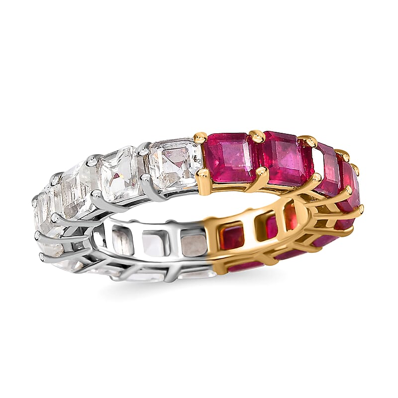 Niassa Ruby (FF), White Topaz Eternity Band Ring in Vermeil YG and Platinum Over Sterling Silver (Size 6.0) 7.50 ctw