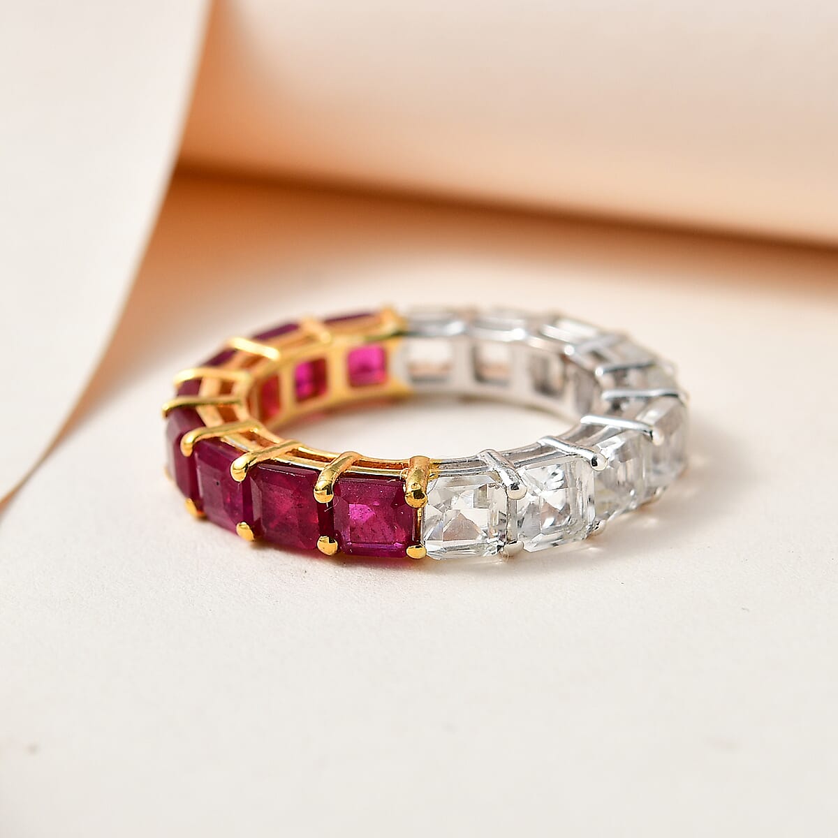 Niassa Ruby (FF), White Topaz Eternity Band Ring in Vermeil YG and Platinum Over Sterling Silver (Size 9.0) 8.35 ctw image number 1