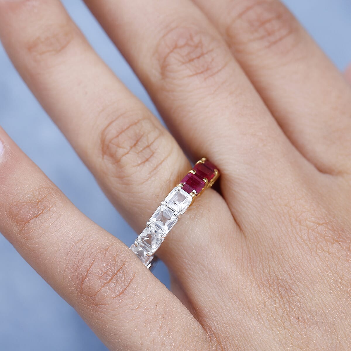 Niassa Ruby (FF), White Topaz Eternity Band Ring in Vermeil YG and Platinum Over Sterling Silver (Size 9.0) 8.35 ctw image number 2
