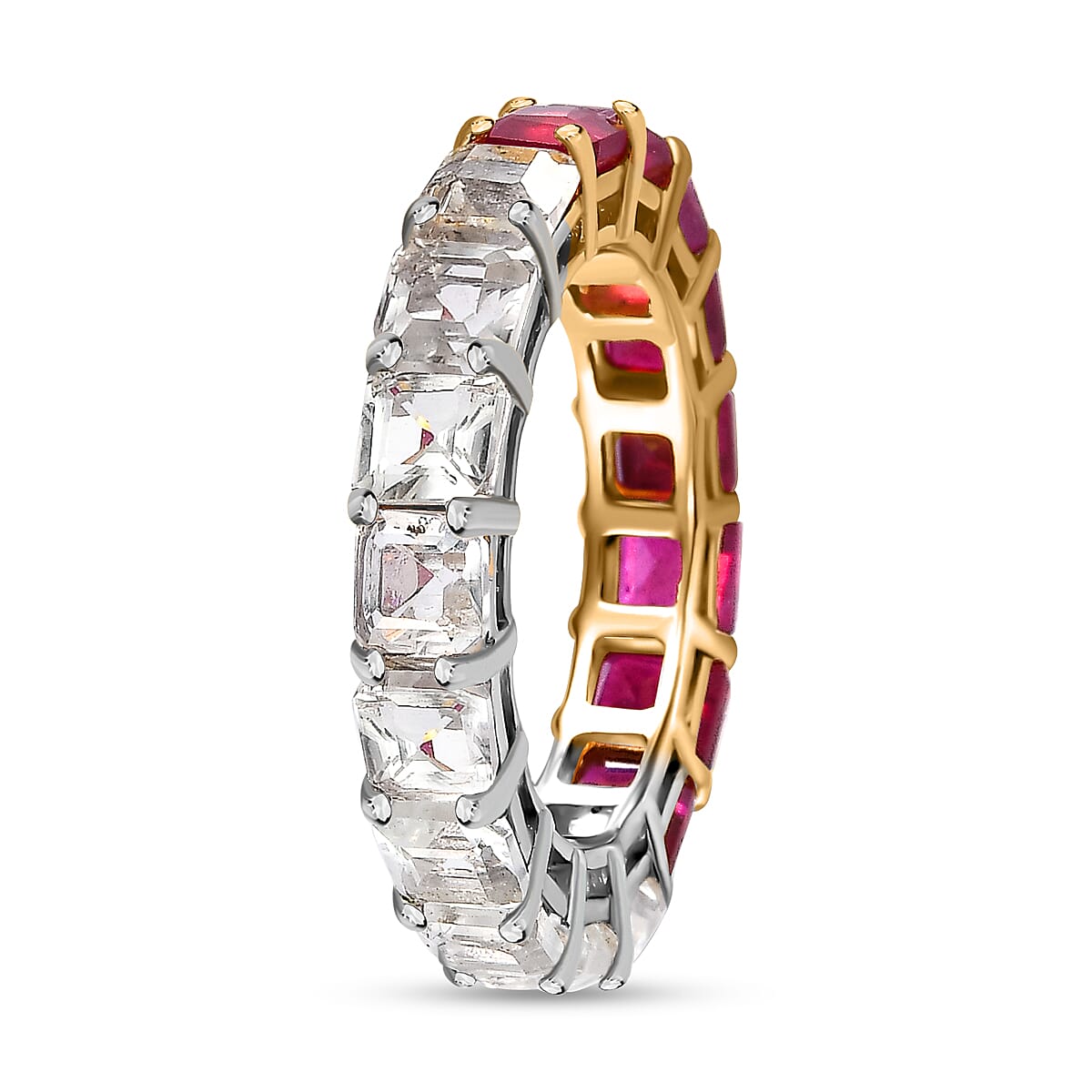 Niassa Ruby (FF), White Topaz Eternity Band Ring in Vermeil YG and Platinum Over Sterling Silver (Size 9.0) 8.35 ctw image number 3