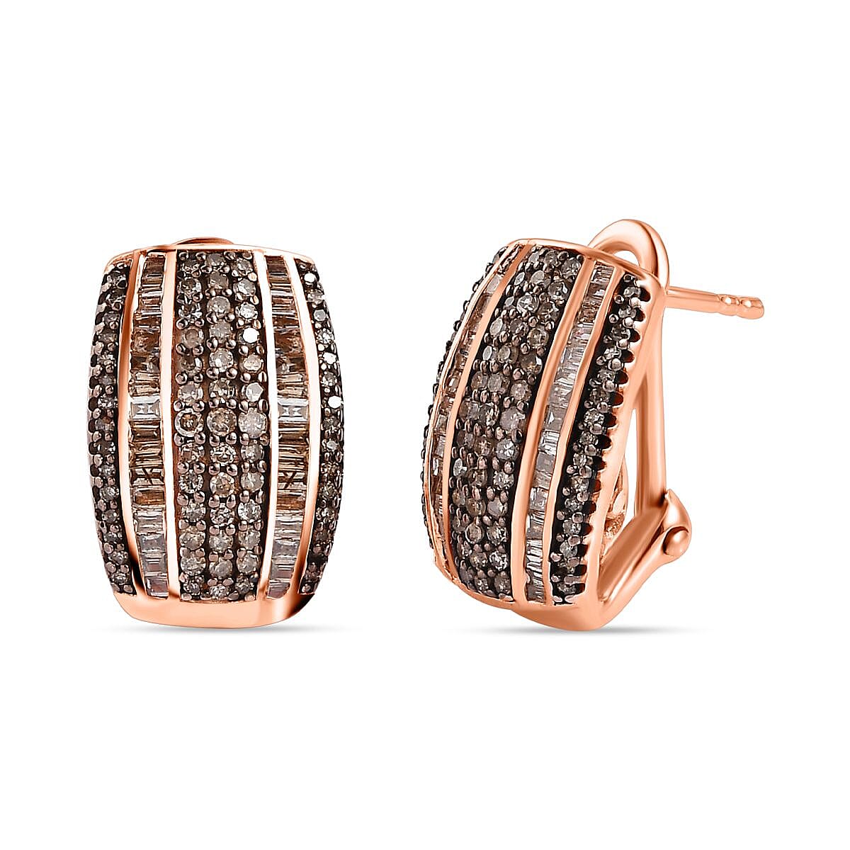 Natural Champagne Diamond Omega Clip Earrings in Vermeil RG Over Sterling Silver 1.00 ctw