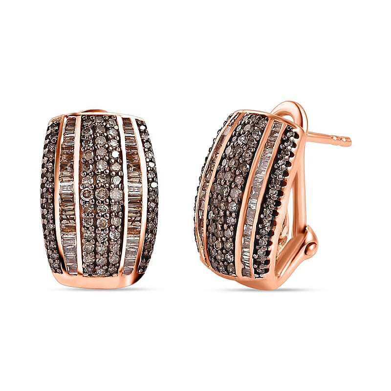 Natural Champagne Diamond Omega Clip Earrings in Vermeil RG Over Sterling Silver 1.00 ctw