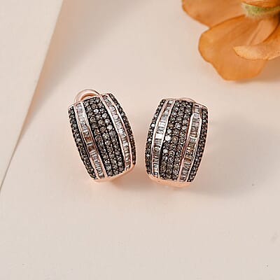 Natural Champagne Diamond Omega Clip Earrings in Vermeil RG Over Sterling Silver 1.00 ctw