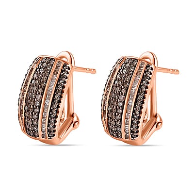 Natural Champagne Diamond Omega Clip Earrings in Vermeil RG Over Sterling Silver 1.00 ctw