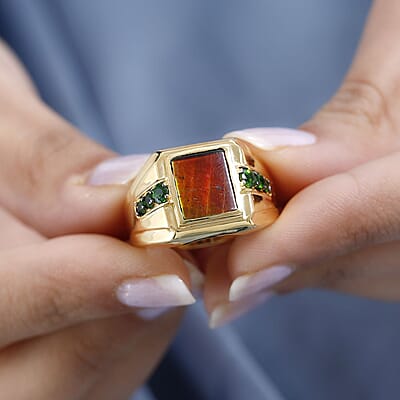 Canadian Ammolite and Chrome Diopside Men's Ring in Vermeil Yellow Gold Over Sterling Silver (Size 10.0) 0.65 ctw