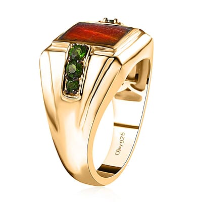 Canadian Ammolite and Chrome Diopside Men's Ring in Vermeil Yellow Gold Over Sterling Silver (Size 10.0) 0.65 ctw
