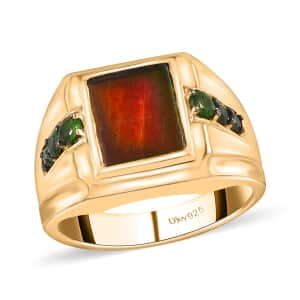 Canadian Ammolite and Chrome Diopside Men's Ring in Vermeil Yellow Gold Over Sterling Silver (Size 13.0) 0.65 ctw