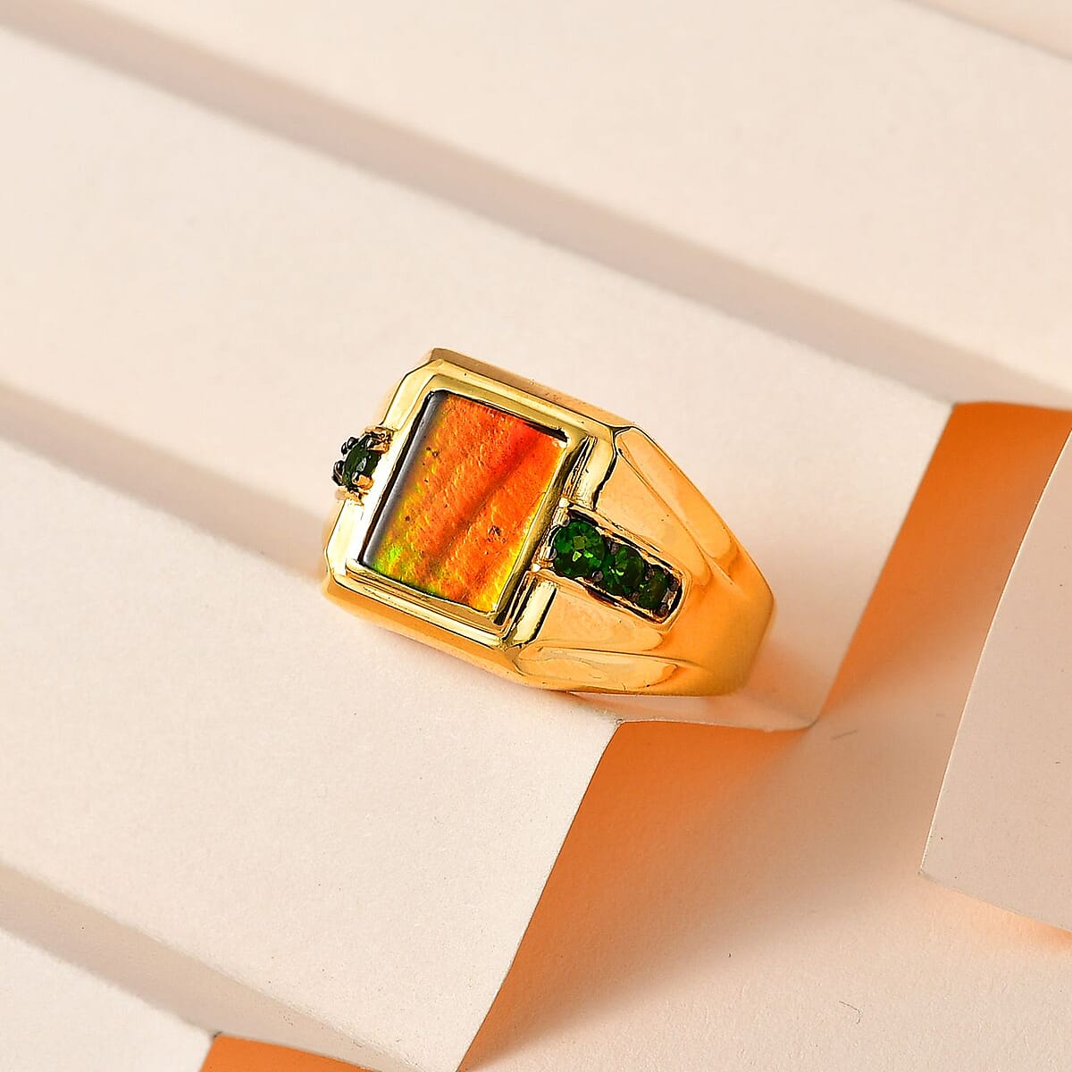 Canadian Ammolite and Chrome Diopside Men's Ring in Vermeil Yellow Gold Over Sterling Silver (Size 14.0) 0.65 ctw image number 1