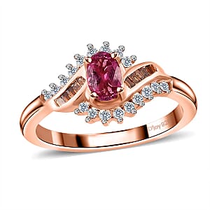 Premium Ouro Fino Rubellite, Red and White Diamond Ring in Vermeil Rose Gold Over Sterling Silver (Size 6.0) 0.70 ctw
