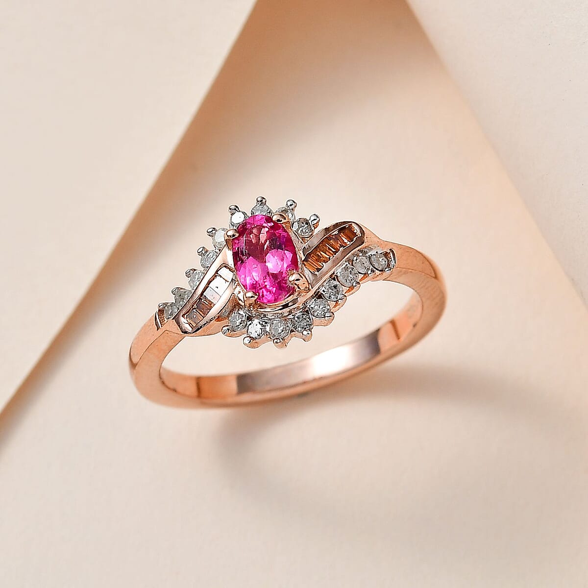 Premium Ouro Fino Rubellite, Red and White Diamond Ring in Vermeil Rose Gold Over Sterling Silver (Size 6.0) 0.70 ctw image number 1
