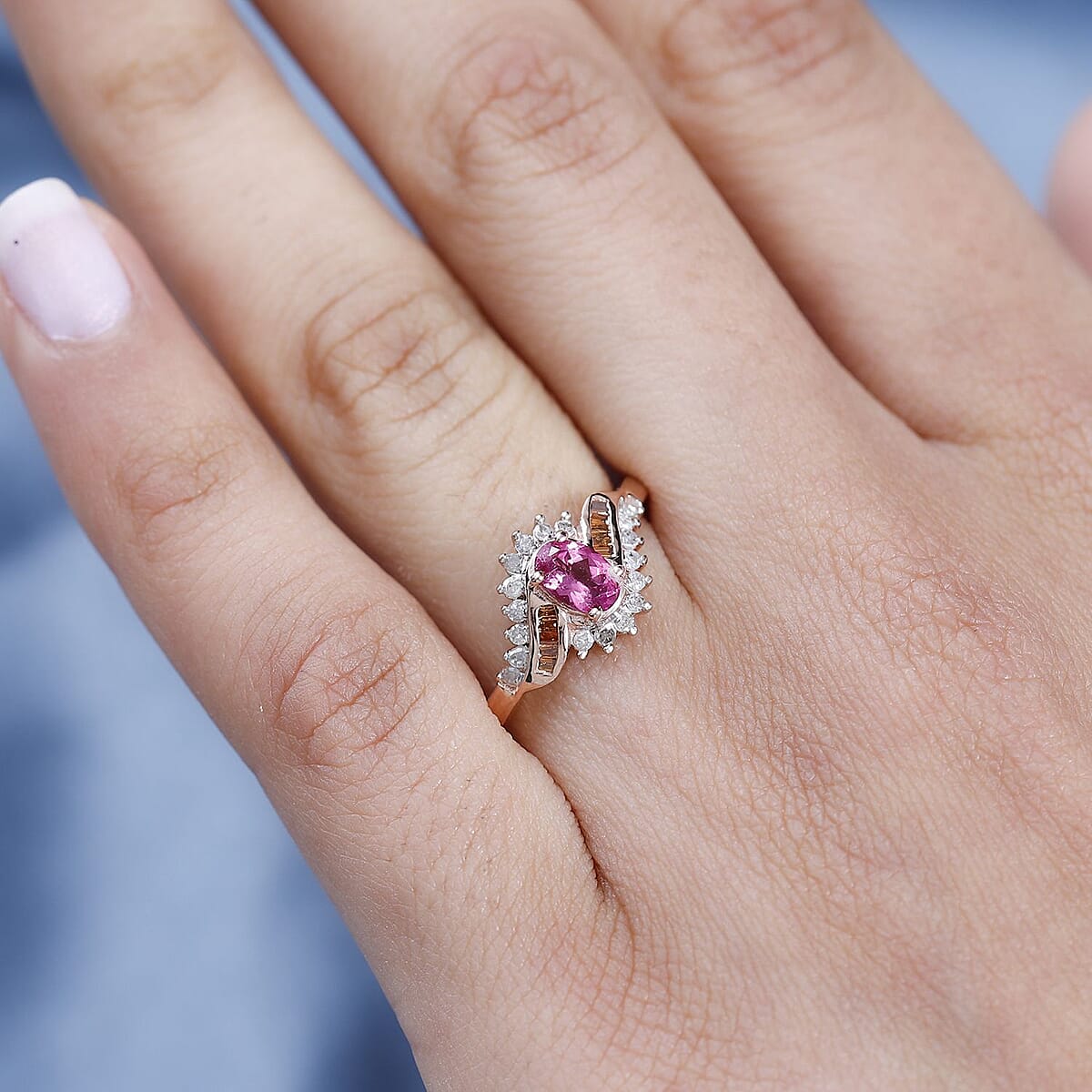 Premium Ouro Fino Rubellite, Red and White Diamond Ring in Vermeil Rose Gold Over Sterling Silver (Size 6.0) 0.70 ctw image number 2