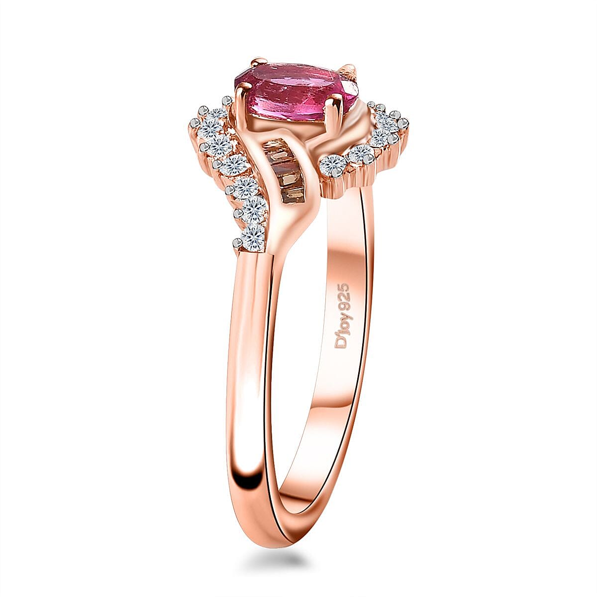 Premium Ouro Fino Rubellite, Red and White Diamond Ring in Vermeil Rose Gold Over Sterling Silver (Size 6.0) 0.70 ctw image number 3