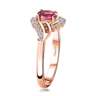 Premium Ouro Fino Rubellite, Red and White Diamond Ring in Vermeil Rose Gold Over Sterling Silver (Size 6.0) 0.70 ctw