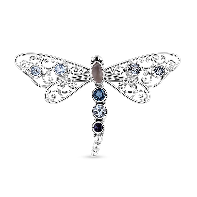 Sajen Silver Kuisa Rainbow Moonstone and Multi Gemstone Dragonfly Pendant without Chain in Sterling Silver 3.40 ctw