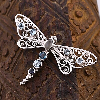 Sajen Silver Kuisa Rainbow Moonstone and Multi Gemstone Dragonfly Pendant without Chain in Sterling Silver 3.40 ctw