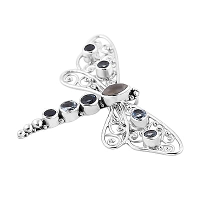 Sajen Silver Kuisa Rainbow Moonstone and Multi Gemstone Dragonfly Pendant without Chain in Sterling Silver 3.40 ctw