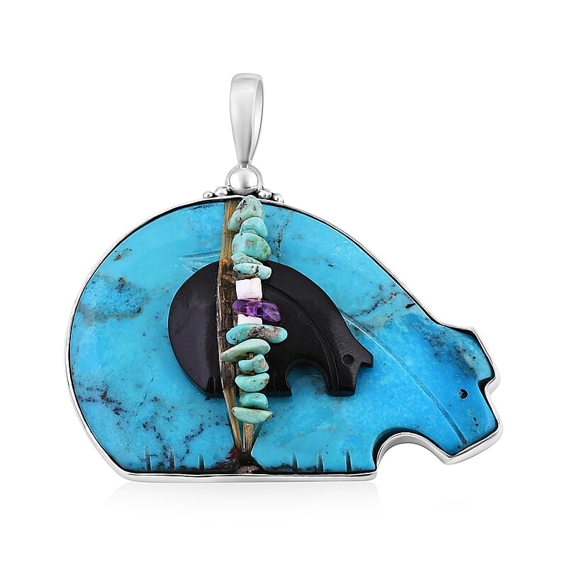 Sajen Silver Blue Turquoise and Multi Gemstone Bear Pendant in Sterling Silver 112.50 ctw