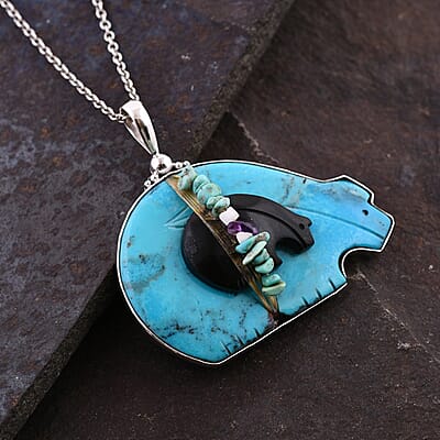 Sajen Silver Blue Turquoise and Multi Gemstone Bear Pendant in Sterling Silver 112.50 ctw