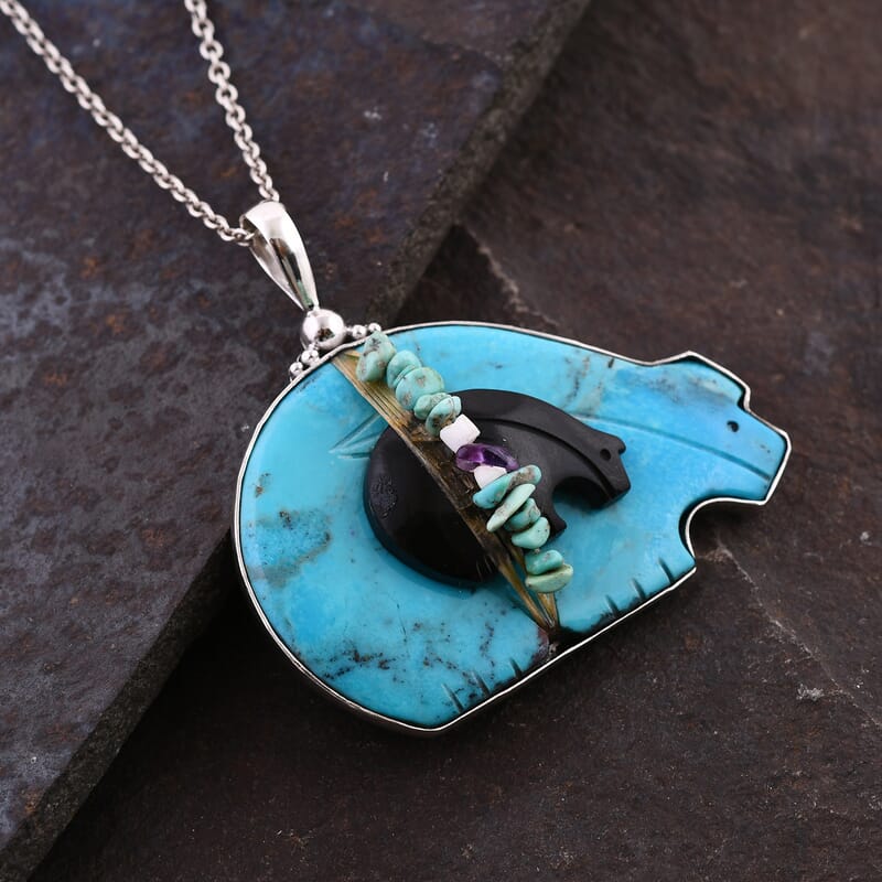 Sajen Silver Blue Turquoise and Multi Gemstone Bear Pendant in Sterling Silver 112.50 ctw